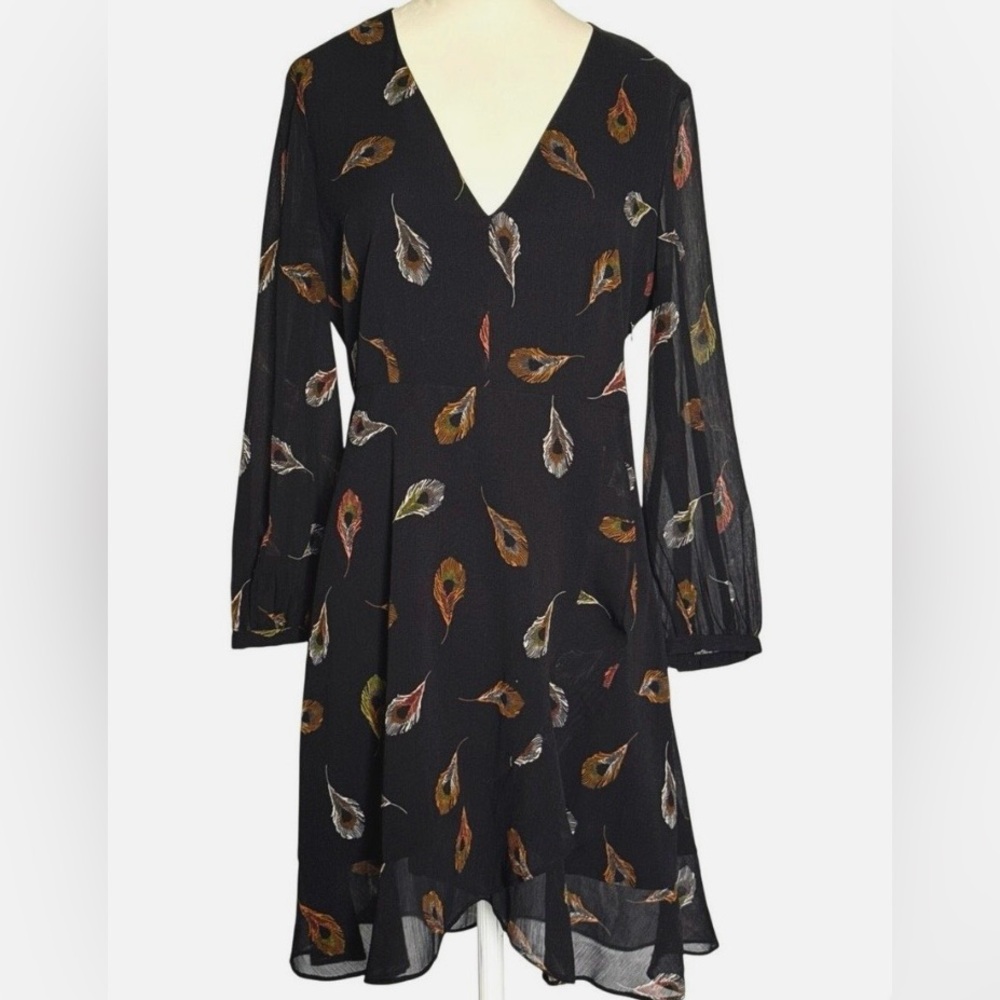 Madewell Black V-Neck Faux Wrap Dress with Feather Motif